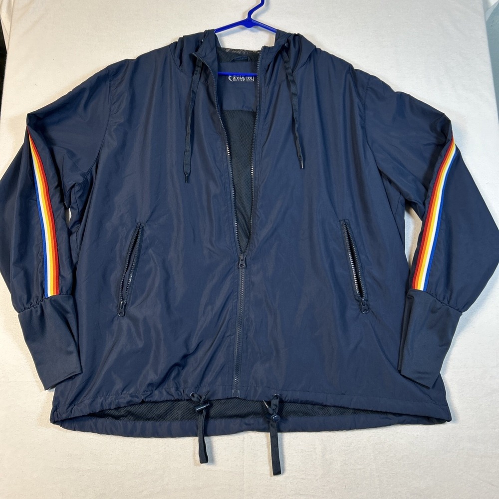 Zyia Active Women Windbreaker Jacket XXL Blue Full Zip Rainbow Stripe Hooded